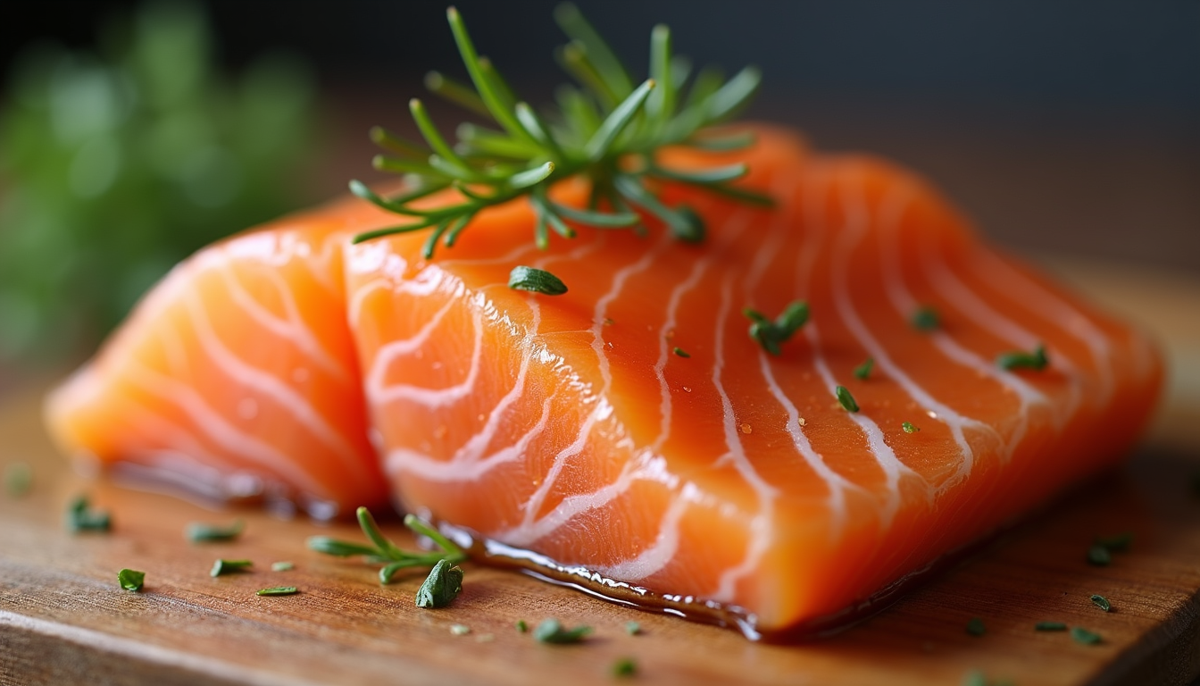 Close-up view of smoked salmon fillet on wooden board