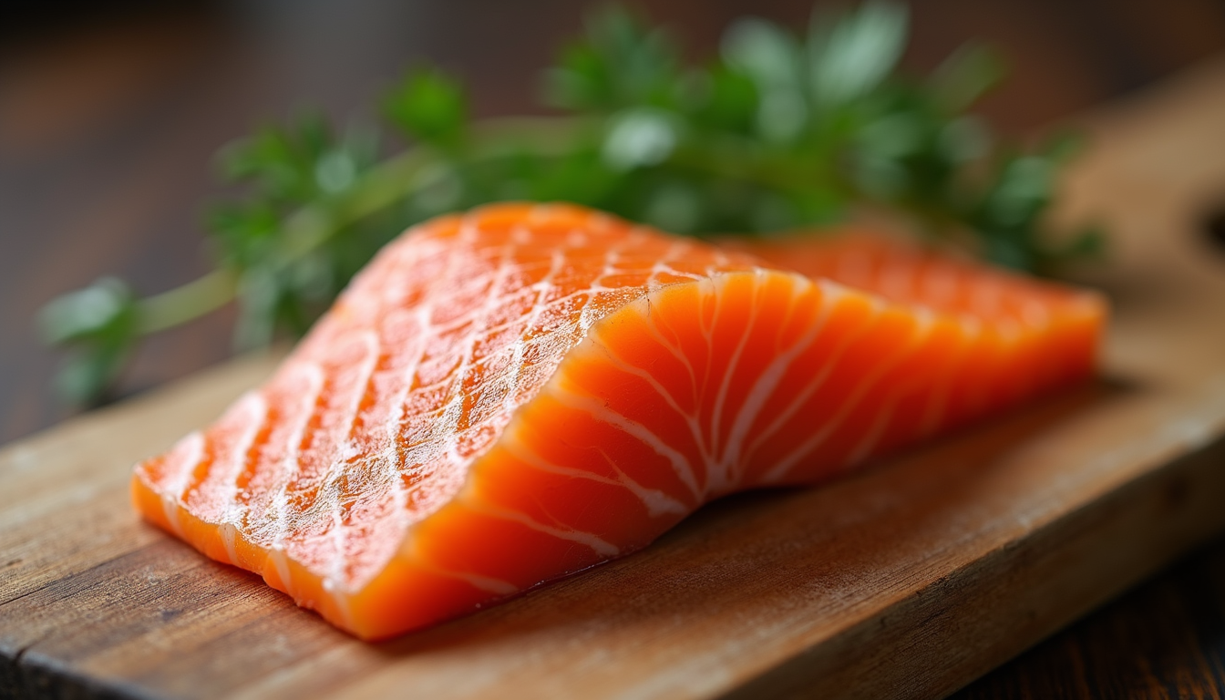 Close-up view of smoked salmon fillet on wooden board