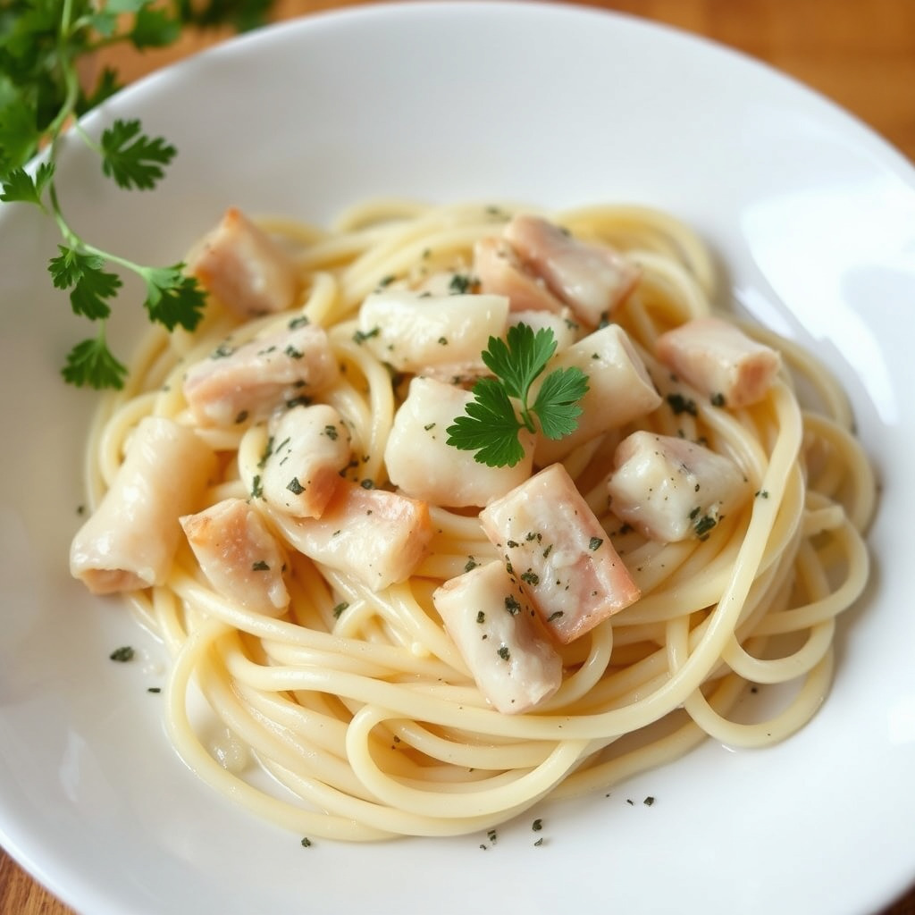 Eye-level view of a delicious smoked white fish pasta garnished with parsley
