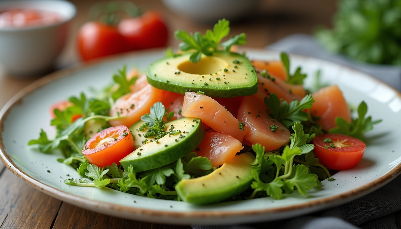 Eye-level view of a vibrant salad topped with lox, avocado, and fresh vegetables