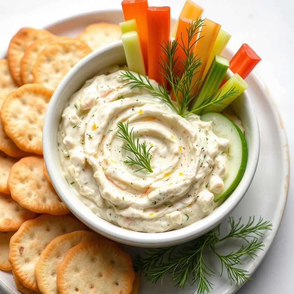 Close-up view of a creamy smoked white fish dip served with crackers